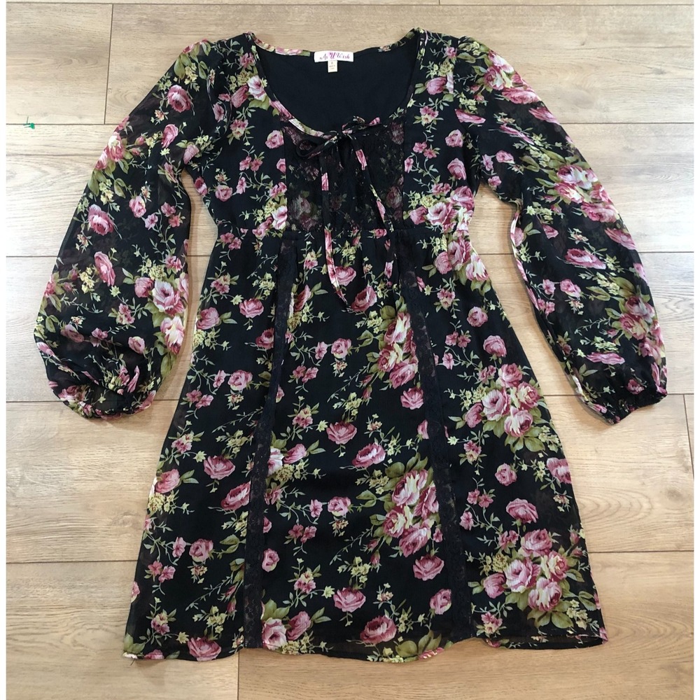 AsUWish Womens Small Floral Dress Black Long Sleeve Smocked Peasant Boho Crochet